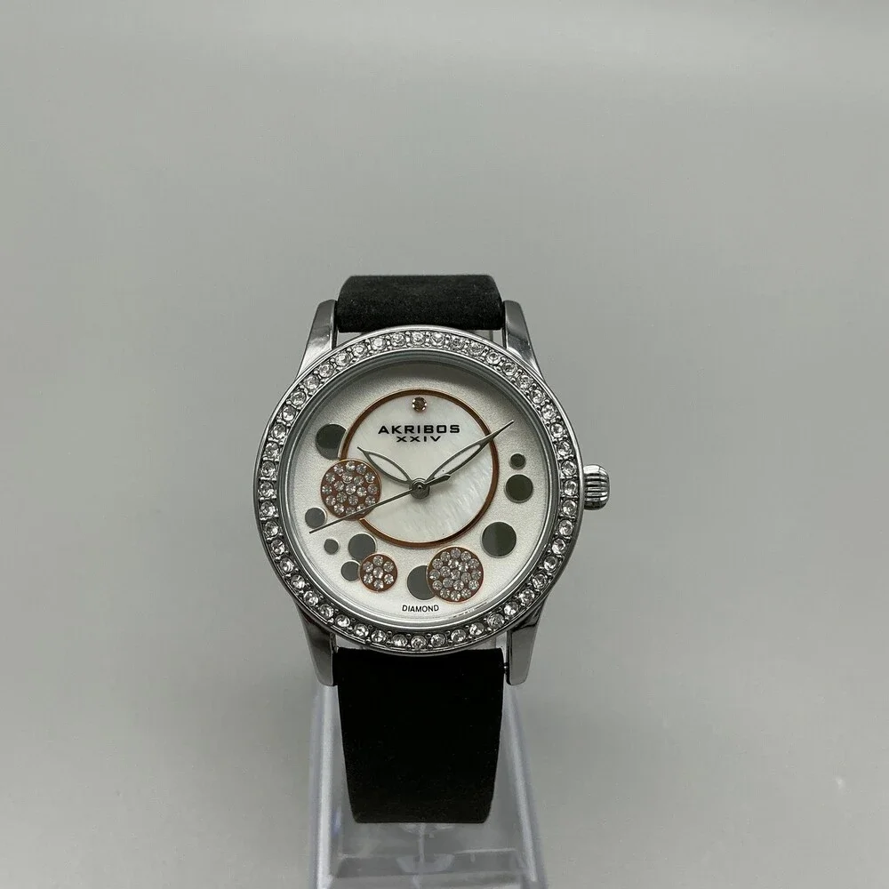 Akribos XXIV Womens Watch 34mmSilver Tone MOP Leather Crystals New Battery
